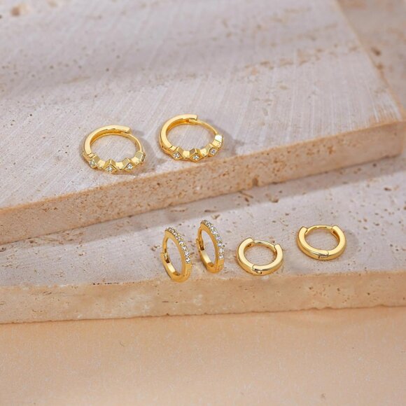 3 Pairs Gold Hoop Earrings Set: Dainty Stud Earrings Trendy Small 14K Gold Plate - Picture 5 of 9